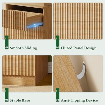 Xixini Nightstand with Charging Station and RGB LED Lights, Fluted 3-Drawer Bedside Table with Sliding Top, Wooden End Table for Bedroom, Living Room, Oak - color: Oak