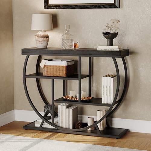 Garvee Entryway Table with Storage, Industrial 4-Tier Narrow Console Table Behind Couch with Half-Circle Base & Storage Shelves for Living Room, Hallway, Foyer - color: Black