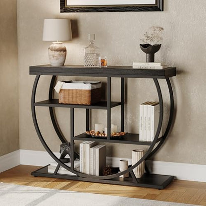 Garvee Entryway Table with Storage, Industrial 4-Tier Narrow Console Table Behind Couch with Half-Circle Base & Storage Shelves for Living Room, Hallway, Foyer - color: Black