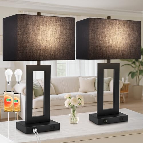 TOBUSA 28’’ Tall Black Lamps for Living Rooms Set of 2, Modern Touch Control Table Lamps for Bedroom, 3 Way Dimmable Bedside Lamps with 2 USB Ports&AC Outlet, High-end Decor Lamp for Home Office | 3 Way Dimmable, Touch Control, Black Fabric Shade, Large D