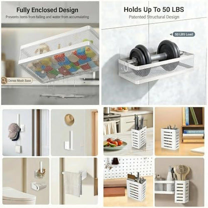 PUSDON 5-in-1 Wide Wall Mount Wrapped Mesh Kitchen Organizer & Shower Caddy Kit, with Paper Towel Holder, Utensil Holder, Soap Dish, Heavy Duty 50LBS - White, Netting - color: White, size: 5-in-1 Full Mesh (12.6" Wide)
