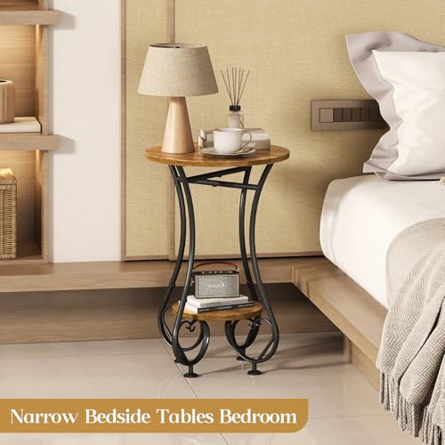 X-cosrack Small Round Side Table with Lower Shelf for Small Spaces, Compact End Table for Sofa, Bedside Nightstand, Coffee & Drink Table for Living Room, Bedroom, Balcony - color: Rustic Spliced Wood