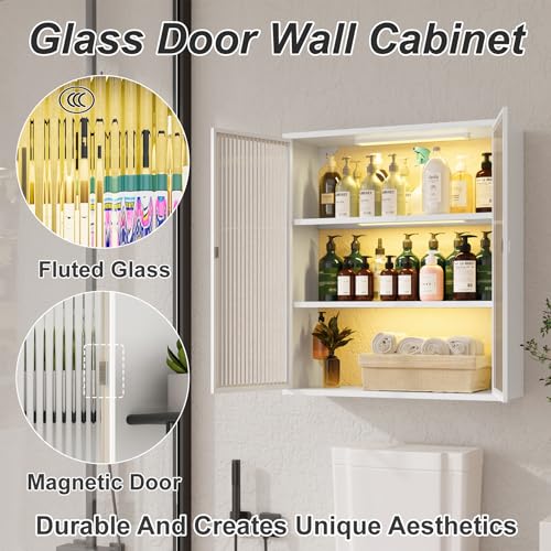 3-Tier Bathroom Wall Cabinet with 2 LED Light | Metal Medicine Cabinet with Glass Doors, Laundry Room Cabinets Storage, Black Over Toilet Modern Storage Cabinet for Bathroom - style: Full Glass Door White