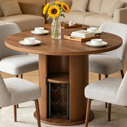 Wildhome Round Dining Table for 2-3, 31 Inch Dining Room Kitchen Table with 2-Tier Storage Shelf & Wine Rack, Modern Farmhouse Fluted Wood Slide Door Dinner Furniture,Circle(Non scalable-32 In-Walnut) - color: Non-scalable-32 Inch-walnut