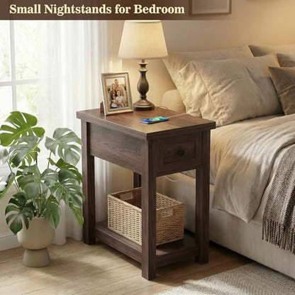Armocity Narrow End Table with Charging Station - Farmhouse Side Table with Drawer, 14" Wide Wood Nightstand Slim Couch Bedside Table for Living Room Bedroom Small Spaces, Black Walnut - color: Black Walnut, size: 1 Pack