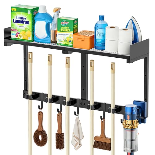 HUFAND Broom Holder Wall Mount, 27" Large Mop and Broom Organizer Wall Hanging with Top Storage Shelf & Vacuum Hook, Heavy Duty Iron Utility Rack for Laundry Room, Garage, Kitchen, Garden - Black - color: Black, size: Large