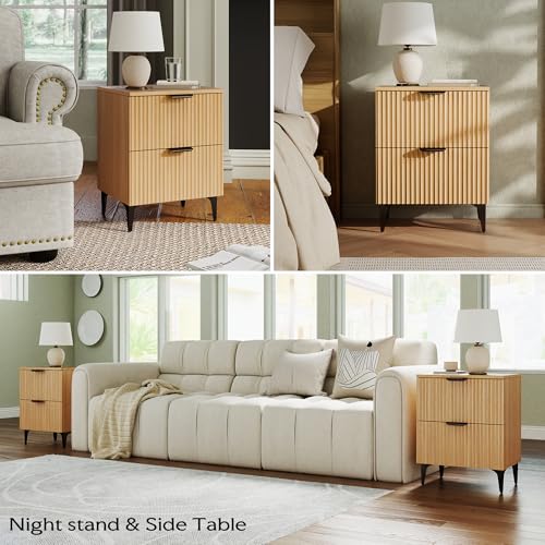 SUNWAVE Fluted Nightstand Set of 2, Modern Night Stands with 2 Drawers | Bedside Table for Twin/Full/Queen Bed, End Table with Robot-friendly Metal Legs for Bedroom, Living Room - color: 2 Drawers-2pcs-oak