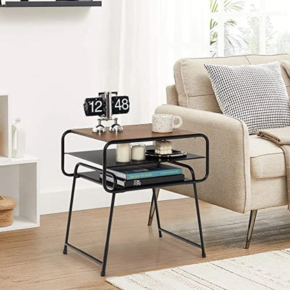 Giantex 3-Tier Side End Table with Shelf, Accent Side Table with Steel Frame, Modern Nightstand for Small Space, Couch Snack Table for Living Room Bedroom Study Easy Assembly (1, Brown & Black)