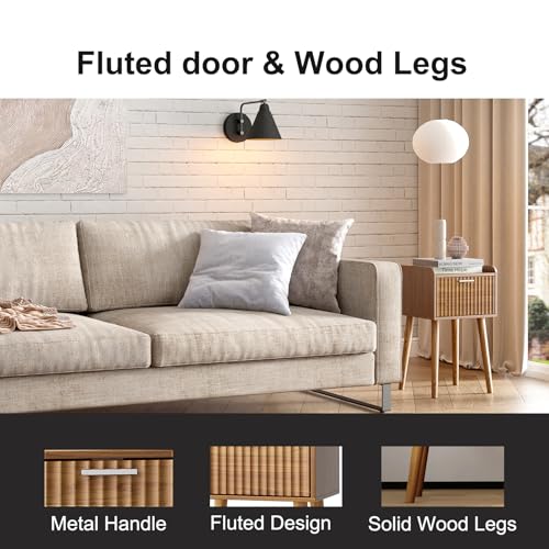 LAATOOREE Small Nightstands Set of 2, Side End Table, Bedside Table with Fluted Door, Solid Wood Feet; for Bedroom, Small Bed - color: Rustic Brown, style: Fluted Style