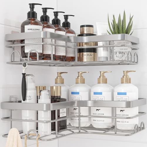 Sakugi Corner Shower Caddy - 2 Pack, Adhesive Shower Organizers, Rustproof Stainless Steel Shower Shelves with 8 Hooks, No Drilling Bathroom Organizers and Storage Racks, Space-Saving, Silver, X-Large - color: Silver, size: X-Large