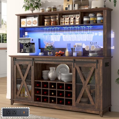 63"Wide 58"H Farmhouse Coffee Bar Cabinet with Power Outlet and LED Light,Wine Bar Cabinet w/ 4 Storage Hutch,Kitchen Buffet Cabinet with 15 Wine and Glass Racks for Kitchen Dining Room(Brown) - color: Brown, size: 63in