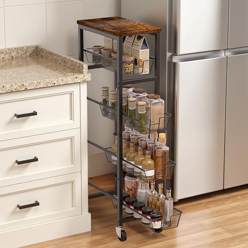 Slim Rolling Cart, 5-Tier Storage Cart, 9.1inch Narrow Kitchen Rolling Cart on Wheels for Small Space, Utility Cart Shelving Unit with Wooden Top and Metal Handle for Kitchen, Bathroom, Laundry Room - size: 5 Tiers (9.1"D x 39.4"H)