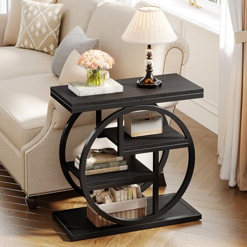 Tribesigns Black End Table for Living Room, 4-Tier Narrow Side Table with Storage Shelves, Modern Bedside Table for Bedroom, Wood Small Sofa Side Table with Geometric Metal Frame (1 PC, Black) - color: Black
