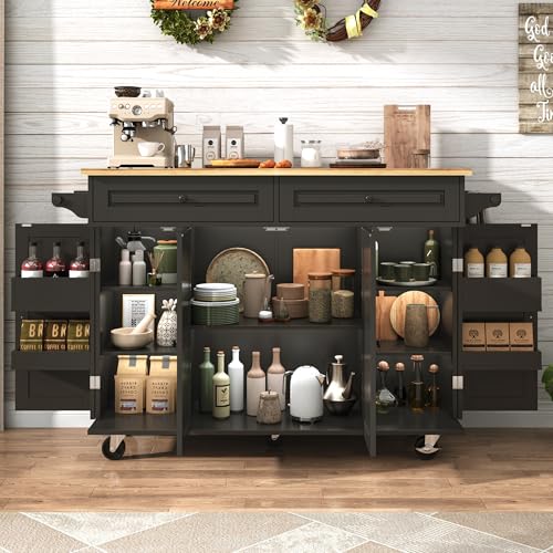Gitua 55" W Rolling Kitchen Island with Drop Leaf – Movable Kitchen Carts on Wheels Island with Storage Cabinet, Island Table for Kitchen with Rubber Wood Top and Rack and Drawer, Matte, Black - color: Black, size: 55"W