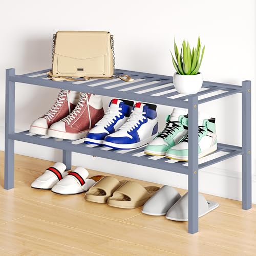Smiry Bamboo Shoe Rack, 12 Vertical Slats, 2 Tier - 26.8" Wide, Grey | Stackable Free Standing Wooden Shoe Organizer, Wood Shoe Storage Shelf for Closet, Entryway - color: Grey, size: 26.80" Wide - 2 Tier - Regular