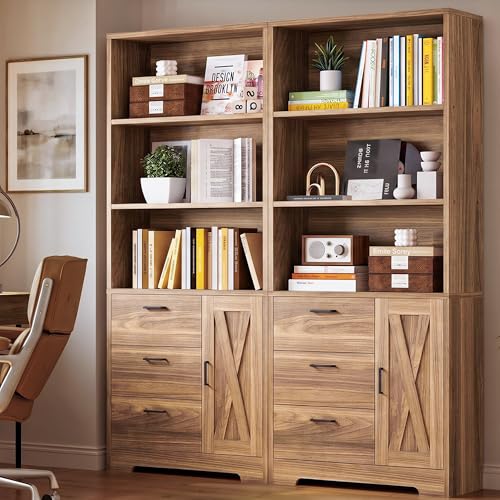 IRONCK Bookshelf with Doors and 3 Drawers 71 in Tall Bookshelf with Storage, Industrial Book Shelf with 3-Tier Shelves for Living Room Entrance Hallway Home Office - color: Oak Brown