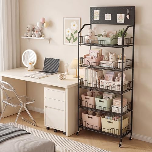 5 Tier Supermaket Snack Rack Display Stand, Retail Display Shelves with Hooks & Wheels, Metal Snack Shelf for Store Home Kitchen, Black Chip Rack Display Stand (5 Tier（60cm）) - size: 5 Tier（23.6inch）