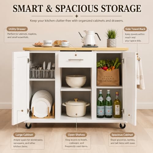 SUNLEI Island Table for Kitchen with Storage, Portable Kitchen Island Cart with Drop Leaf, Rolling Kitchen Island Table with Drawer, Cabinet & Towel Rack, Farmhouse Kitchen Island, White - style: White