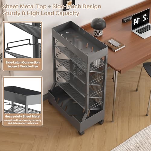 UMDONX Modern Mobile Single-Sided Metal Book Cart | Features A Metal Top Panel, A Base, and Clip-in Shelves; Suitable for Home, Office, and Classroom - color: Gunmetal Gray
