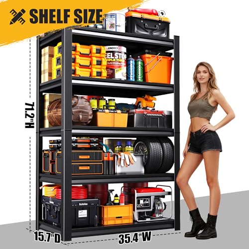 71" H Garage Shelving 5-Tier Heavy Duty Storage Shelves, Adjustable Metal Shelf Unit, Utility Organizer Rack for Basement, Pantry, Kitchen, Warehouse,15.7" Dx35.4 Wx71.2 H, Black - size: 5-Tier-15.7"Dx35.4"Wx71.2"H