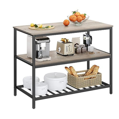 VASAGLE Kitchen Island with 3 Shelves, 47.2 Inches Width Kitchen Shelf with Large Worktop, Stable Steel Structure, Industrial, Easy to Assemble, Greige and Black UKKI001B02 - color: Greige + Black, size: 47.2"W x 35.4"H, style: without Power Outlets