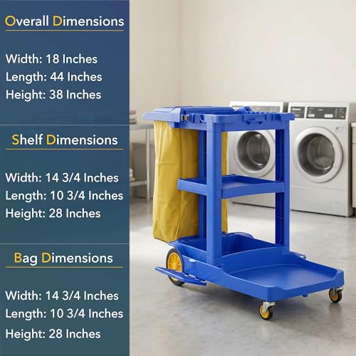 44” x 18” x 38” Blue 3-Shelf Janitorial Cart Kit - Commercial Housekeeping Cart with Yellow Bag, Black Zippered Bag, Lid, Folding Handle for Hotels, Offices, Schools - 175 lb Capacity - size: Small (Blue)