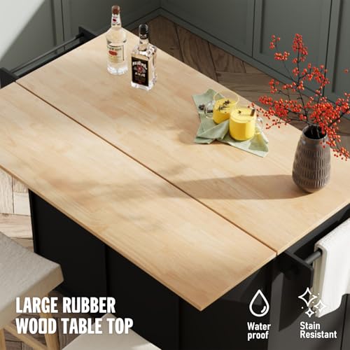 Kitchen Island with Storage on Wheels, 53" Large Rolling Kitchen Island with Drop Leaf, Mobile Kitchen Islands Cart with 3 Drawers 2 Cabinet, Open-Shelf, Islands Table (Black, 3 Drawers)