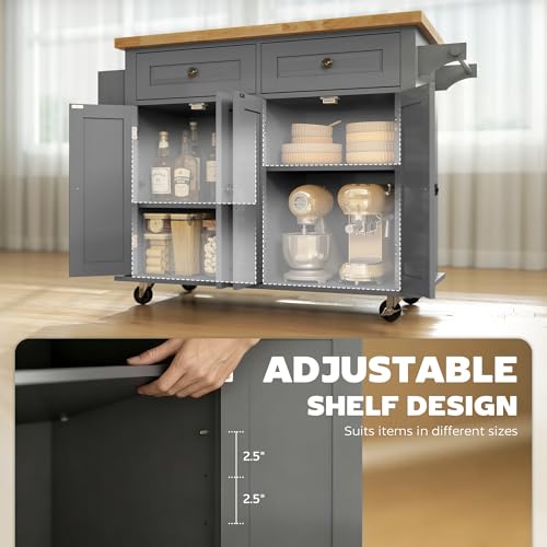 HOMCOM Kitchen Island Cart with Solid Wood Top 44" Mobile Gray | Kitchen Island Table, on Wheels, Storage Cabinets, 2 Drawers, Adjustable Shelves, Spice Rack & Towel Bar, for Dining Room - color: Grey