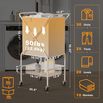 Laundry Basket with Wheels:88L Rolling Laundry Cart Foldable Metal Frame Dirty Clothes Laundry Hamper 36"H 4 Caster 2 Brake Waterproof Removable Liner Carry Handle for Dorm Laundry Room,Cream - color: Cream