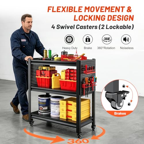 3 Tier Tool Cart on Wheels, Heavy Duty Metal Service Cart with Pegboards, 660 LBS Load Capacity Tool Utility Cart, Industrial Utility for Garage, Warehouse, Workshop - size: 13.8"D x 32.7"W x 33.5"H