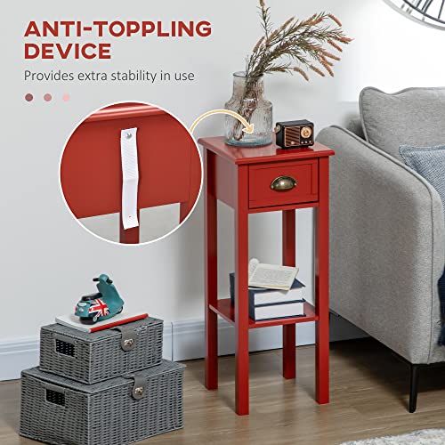 HOMCOM Narrow End Table with Drawer and Bottom Shelf Set of 1 Red | Tall Telephone Table, Skinny Modern Design, for Small Spaces, Living Room - color: Red