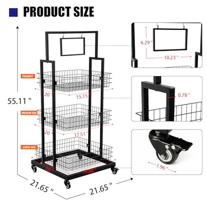 3-Tier Metal Wire Basket Display Cart with Lockable Casters and Blank Sign Holder Multipurpose Storage Rack for Snack Candy Fruit Bakery Convenience Store Kitchen Pantry