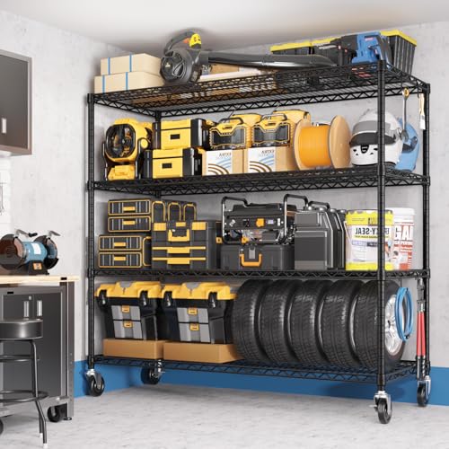 PrimeZone 55.5" W x 24" D x 80" H Heavy Duty Wire Storage Shelves with Wheels, 4 Tier Adjustable NSF Commercial Garage Shelving Unit, Rolling Metal Organizer Shelf Rack for Warehouse, Pantry, Black - size: 55.5"W x 24"D x 80"H