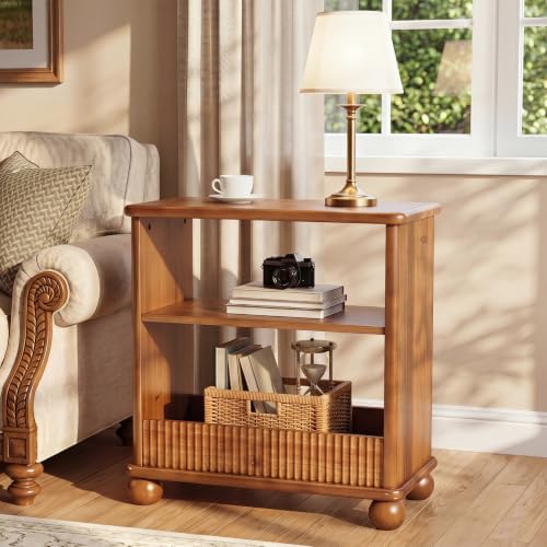 Solid Wood Side Table, 3-Tier Narrow End Table, Nightstands with Shelf Storage for Living Room, Bedroom, Office and Small Spaces, Easy Assembly, Rustic Brown