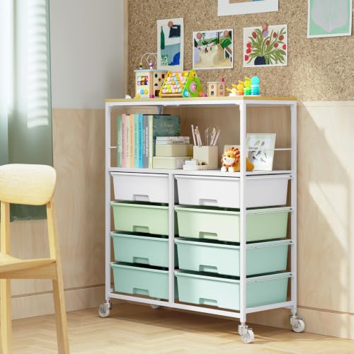 Rolling cart with 8 drawers,Storage drawer cart with wooden tabletop,Lockable wheels organizer for homeschool, arts & crafts, classroom, office & creative spaces (Green) - color: Green