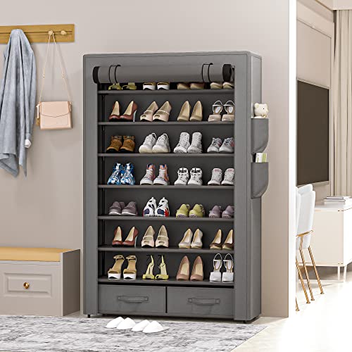 OYREL Shoe Rack Sturdy 8 Tier Tall + Dustproof Cover Large Storage | Closet Cabinet Large Free Standing Shoe Racks Vertical Shoe Shelf Tall Vertical Boot Holder Stand - color: Grey, size: 33.3"Wx55"H