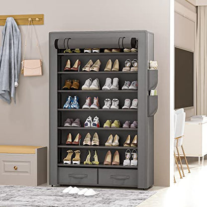 OYREL Shoe Rack Sturdy 8 Tier Tall + Dustproof Cover Large Storage | Closet Cabinet Large Free Standing Shoe Racks Vertical Shoe Shelf Tall Vertical Boot Holder Stand - color: Grey, size: 33.3"Wx55"H