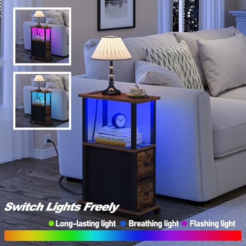 TUTOTAK Small Narrow End Tables, LED Side Tables with 2 Fabric Drawers, Set of 2, Bedside Tables with Charging Station for Small Spaces, Slim Nightstands with USB Ports and Wheels, TB01BB053CL - color: Brown and Black, style: with LED Light & Outlets