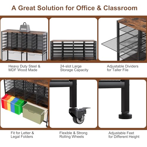 EasyPAG Rolling File Cart with 24 Slot Mail Organizer, Under Desk Storage with Hanging File Rack for Letter/Legal Folders, Mobile Filing Cabinet Printer Stand for Office Home Classroom, Black - size: 24 Slots+2 Hanging Rack