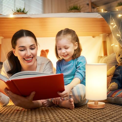 Fenmzee Small Table Lamp for Bedroom - Inline Control, Bedside Lamp with 3000K A15 LED Blub, Easy Assembly (White Shade - Wood Base, 9" Inline Control) - color: White Shade - Wood Base