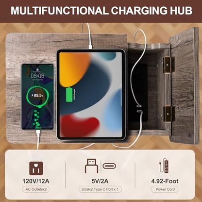 Small Grey Side Table Charging Station with LED Light, Narrow Grey Living Room End Tables with Storage, Skinny USB Nightstand with Outlet, Gaming Coffee Table for Couch with USB Ports - color: Elegent Grey With Light, style: Modern