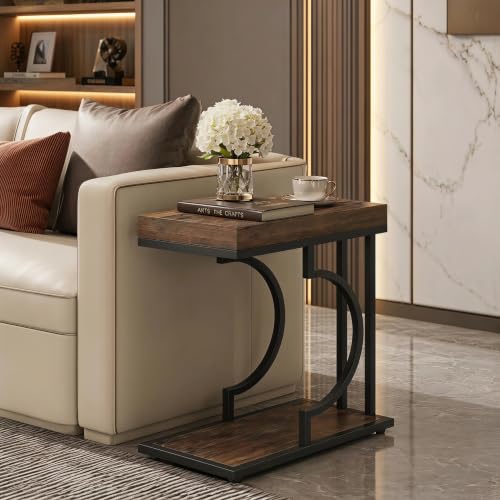 Tribesigns C Shaped Modern End Table for Coach with Metal Frame | Wood Grain, Small Side Table for Living Room, Nightstand for Bedroom, Rustic Brown&Black - color: Rustic Brown&black