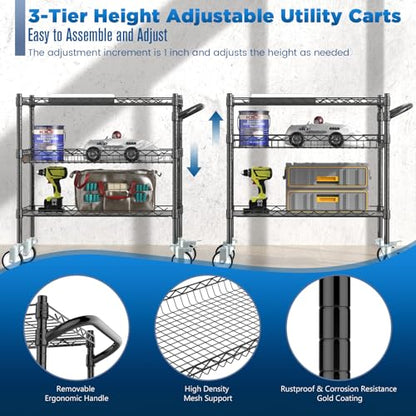 Leteuke 3 Tier Rolling Carts with Wheels, Heavy Duty Rolling Utility Cart | NSF Commercial Grade Metal Cart with Handle&Shelf Liner,Trolley Serving Cart for Kitchen,Restaurant,Plant Display,Black - color: Matte Black