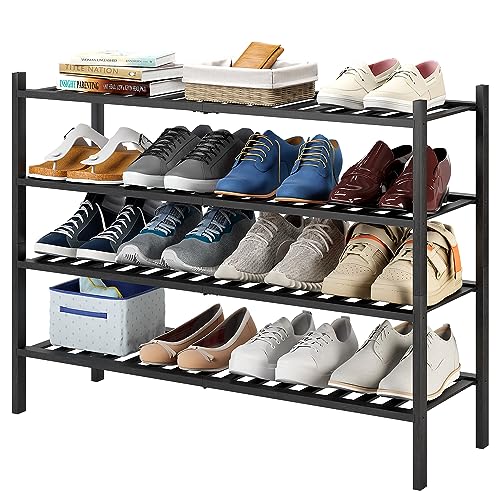 Long Shoe Rack, 4-Tier Bamboo Stackable Shoe Shelf Storage Organizer, Shoe Stand for Closet, Entryway and Hallway(Black) - color: Black, size: 4-Tier-Long
