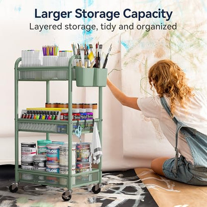 YASONIC 3 Tier Rolling Cart – Metal Utility Storage Carts with Wheels, Craft Carts Organizer with Hanging Cups, Hooks, Mesh Basket for Bedside Kitchen Office Art, Green - color: Green
