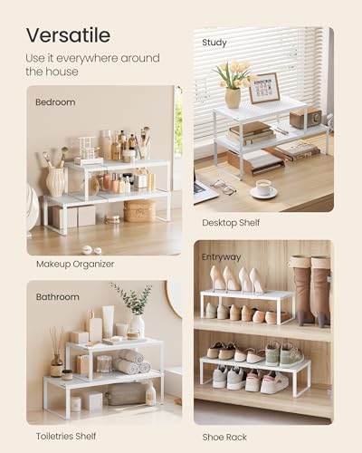 SONGMICS Spice Racks, Set of 2 Expandable Kitchen Countertop Shelves, Small Cupboard Organizers, Metal, Space-Saving Tabletop Shelves, Matte White UKCS402W01 - color: Matte White, size: Set of 2