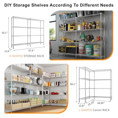 4-Tier Shelf, Adjustable Wire Metal Rack Shelving, Heavy Duty Standing Storage Shelves, Garage, Kitchen, Office, Bathroom, Shelfs Easy Assembly, 57.9" W x 13.8" D x 59" H, Chrome - color: Chrome, size: 4-tier 57.87"W x 13.78"D x 59.06"H