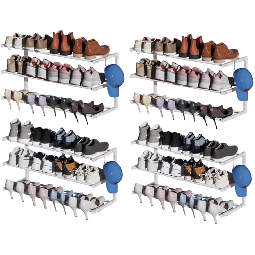 4 Pack Wall Mounted Shoe Rack, 3 Tier Hanging Shoe Rack Holds 48 Pairs, 17"-30"Adjustable Heavy Duty Metal Shoe Organizer Holder with 8 Storage Hooks, Space Saving for Closet Entryway Doorway（White) - color: White, size: 4 Pack