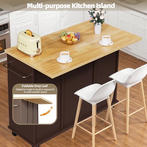 SUNLEI Rolling Kitchen Island Cart with Wheels, Island Table for Kitchen, Farmhouse Kitchen Cart with Drop Leaf & Towel Rack & Drawer, Kitchen Islands Table with Storage Cabinet, Brown - style: Brown