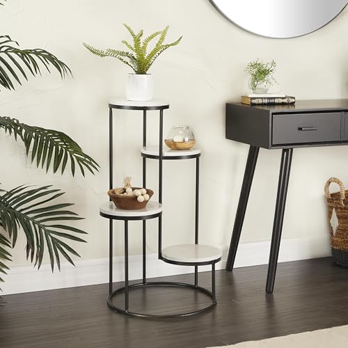 Deco 79 Marble Indoor Plantstand 4 Tier Plant Shelf with Black Base, Plant Stand 17" x 17" x 31", White - color: White, size: Plant Stand 17" x 17" x 31"